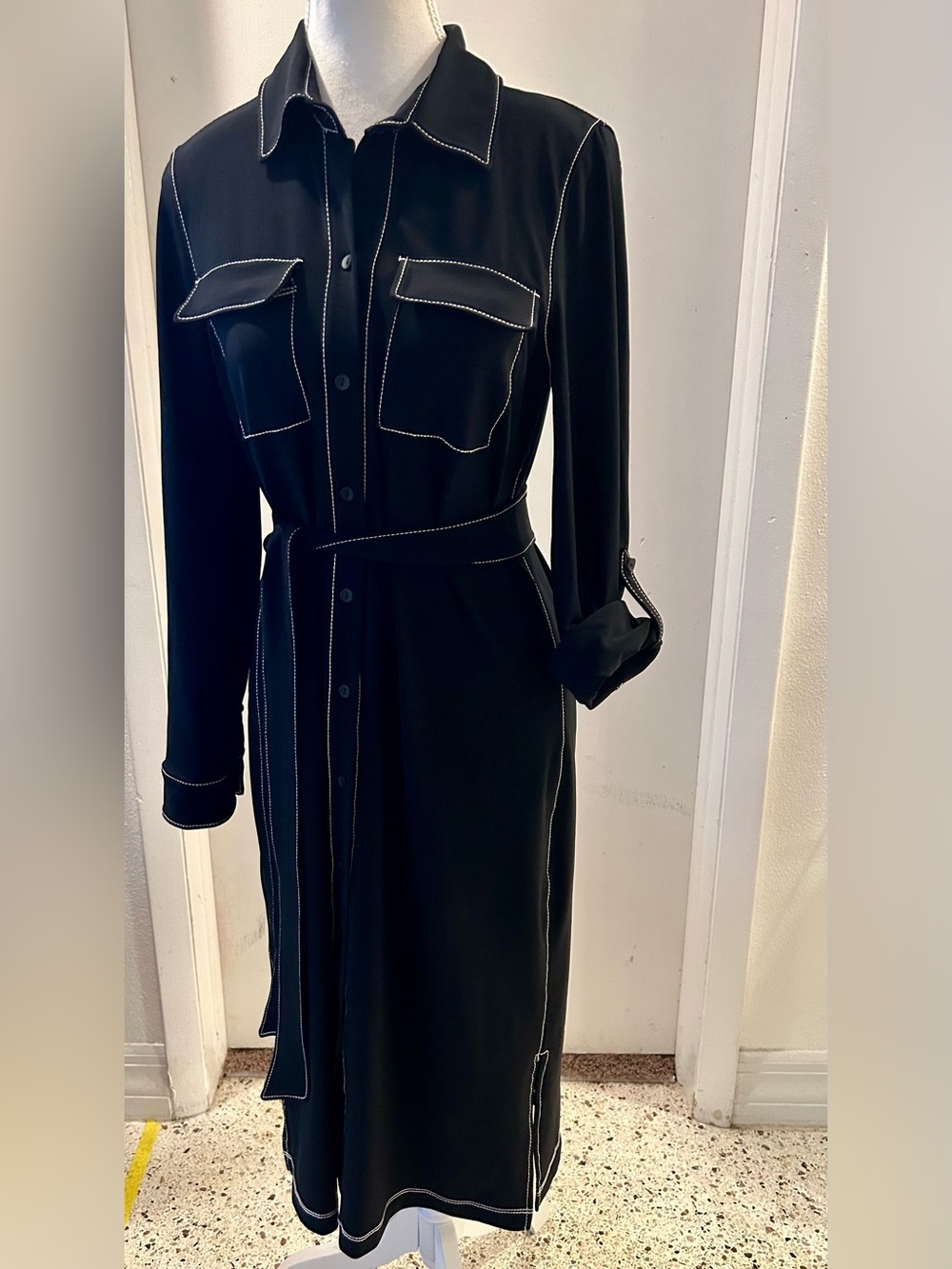Chico's Black Shirt Dress with White Contrast Stitching and Self-Tie Belt